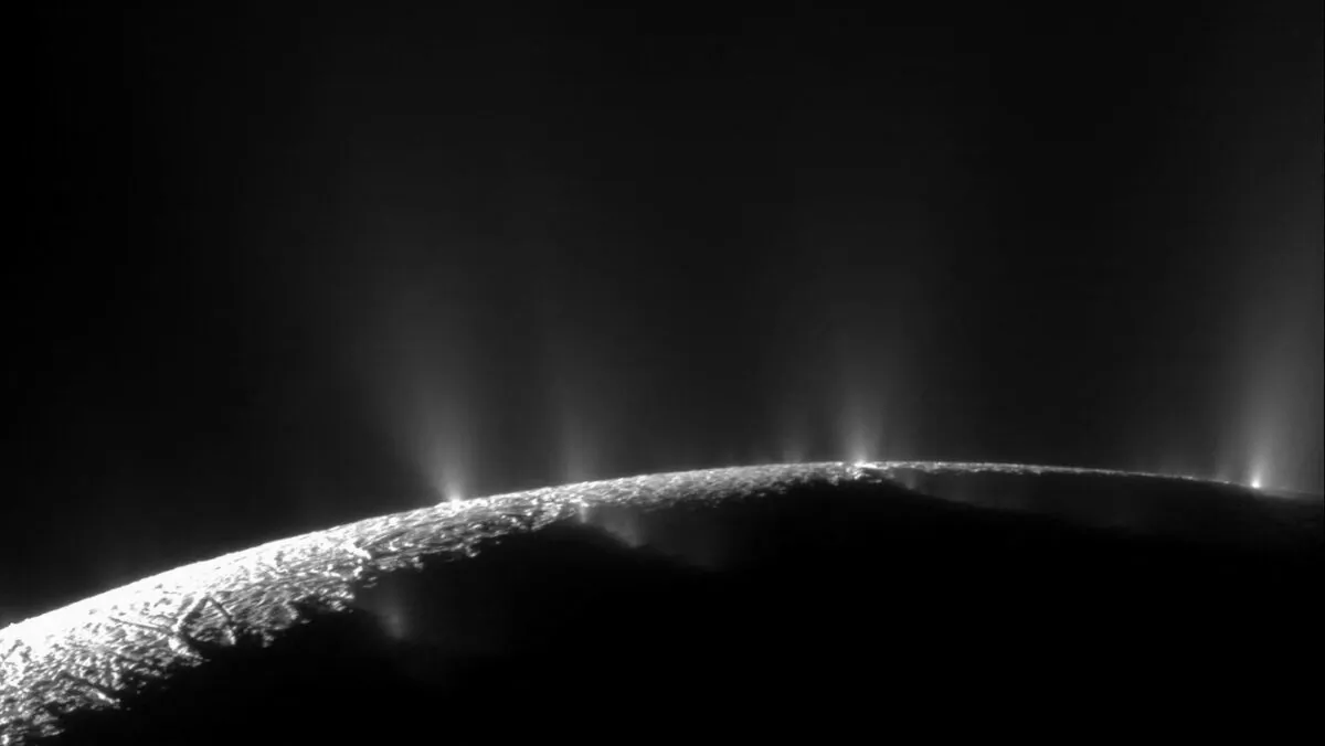 The icy crust at the south pole of Saturn's moon Enceladus, composed as a mosaic from images captured in 2009 by NASA's Cassini spacecraft. (NASA/JPL-Caltech/Space Science Institute/Handout via Reuters)