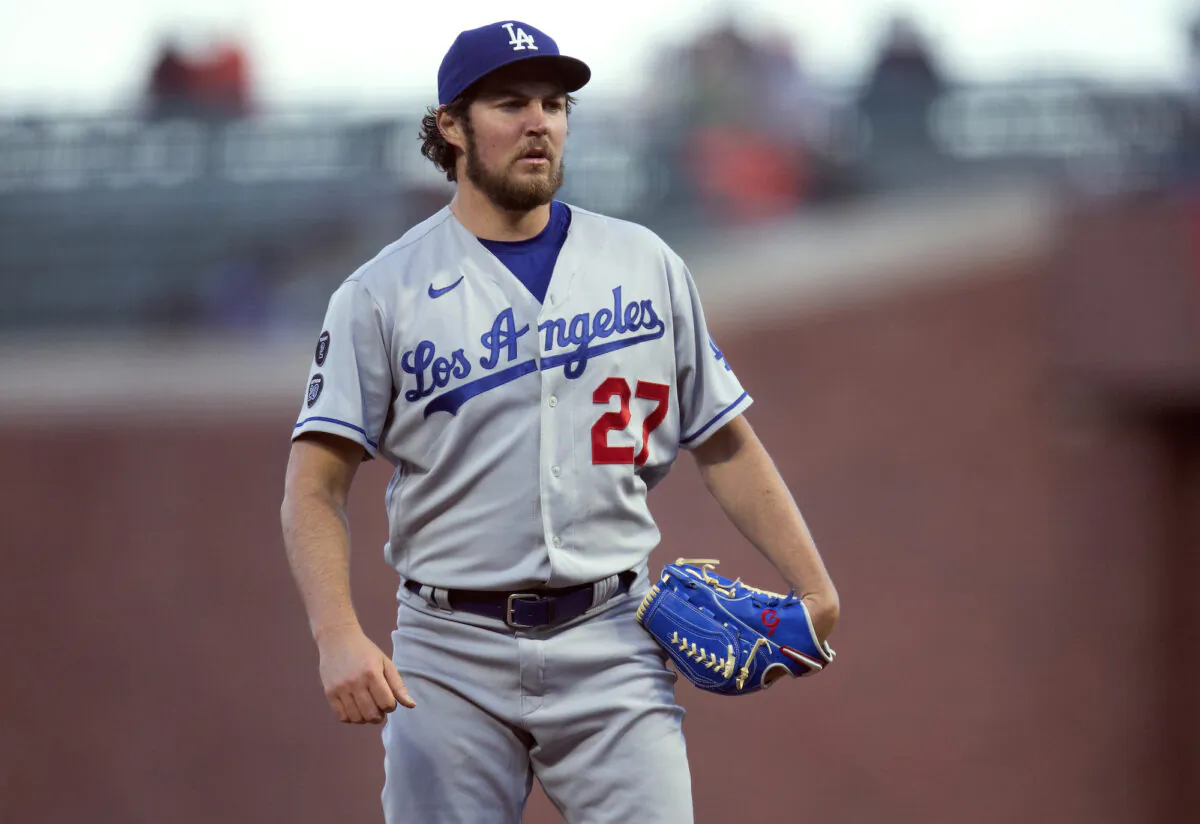 Los Angeles Dodgers starting pitcher Trevor Bauer looks toward home during the team's baseball game against the San Francisco Giants, in San Francisco on May 21, 2021. (D. Ross Cameron/AP Photo)