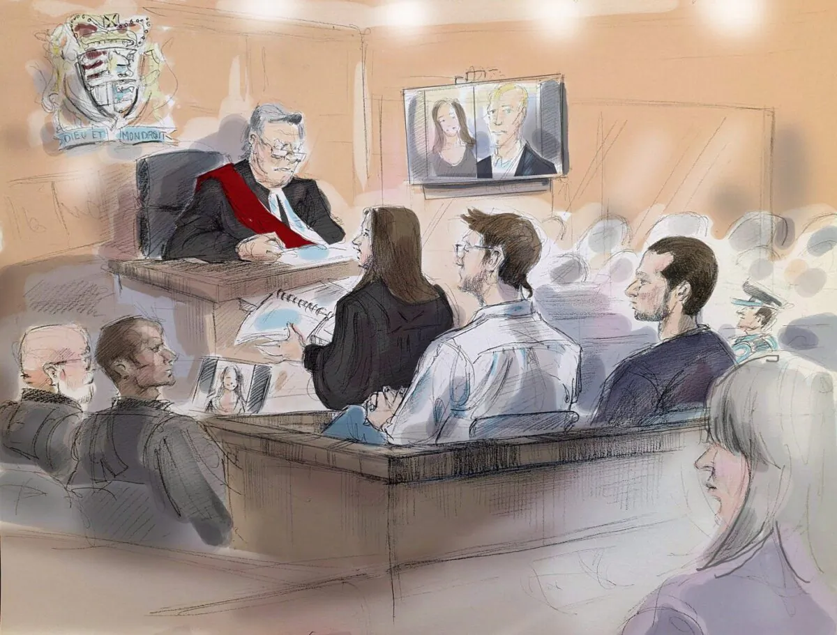 Thomas Dungey (Mark Smich's lawyer) (left to right), Ravin Pillay (Dellen Millard's lawyer), Justice Michael Code, Crown Attorney Jill Cameron, Dellen Millard, Mark Smich and Laura Babcock's mother, Linda are shown in this courtroom sketch from the sentencing hearing for Millard and Smich in Toronto, Feb.12, 2018. (The Canadian Press/Alexandra Newbould)