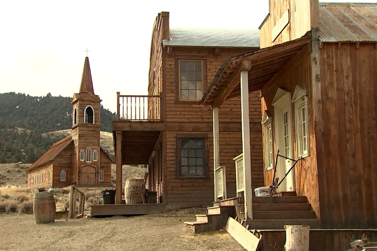 Buildings used on the set of the movie "Rust" near a chapel which will not be used, on the first day that filming resumed after the 2021 shooting death in New Mexico of cinematographer Halyna Hutchins, in Livingston, Mont., on April 21, 2023, in a still image from video. (Sandra Stojanovic/Reuters)