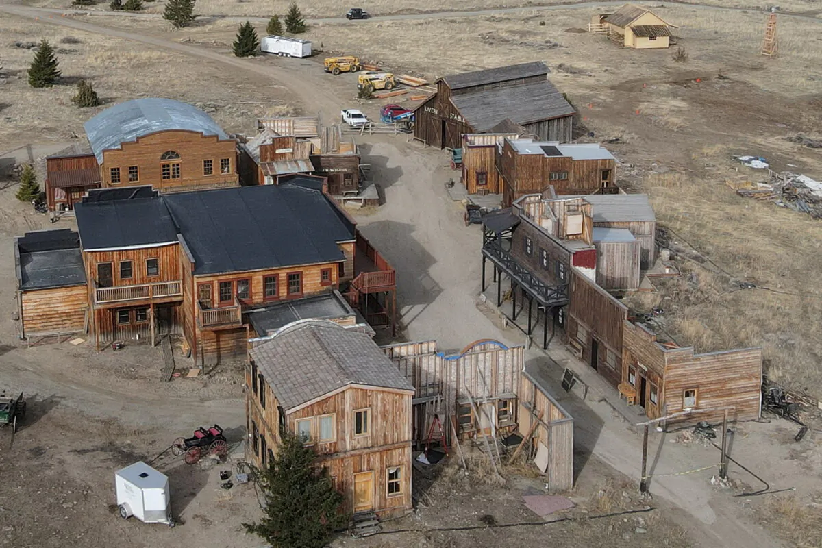 Buildings used on the set of the movie "Rust" after filming resumed following the 2021 shooting death in New Mexico of cinematographer Halyna Hutchins, in Livingston, Mont., on April 22, 2023.  (Drone Base/Reuters)