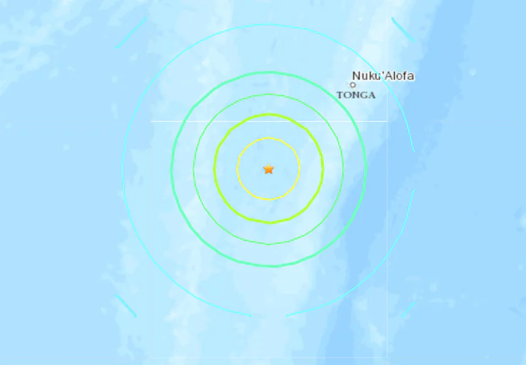 A map shows the location of a magnitude 7.2 earthquake that struck near Tonga on June 15, 2023. (USGS/Screenshot via The Epoch Times)