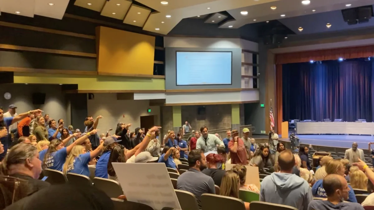 Attendees react to the Temecula Valley Unified school board's decision to terminate the district’s superintendent amid controversy surrounding critical race theory and school curriculum during a board meeting in Temecula, Calif., on June 13, 2023. (Micaela Ricaforte/The Epoch Times)