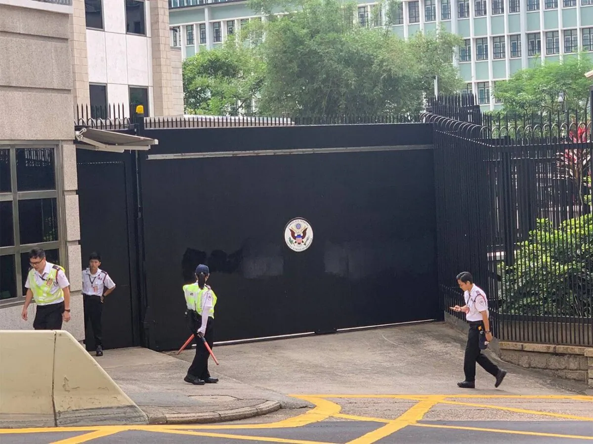 US Consulate General in Hong Kong & Macau was spray-painted with graffiti in Central, Hong Kong, on June 13, 2023. (Lam Kin Cheung/The Epoch Times)