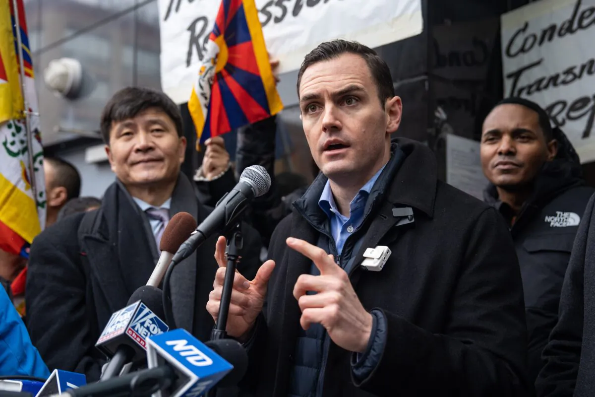 Rep. Mike Gallagher (R-Wis) speaks at a press conference and rally in front of the America ChangLe Association highlighting Beijing's transnational repression, in New York City on Feb. 25, 2023. 