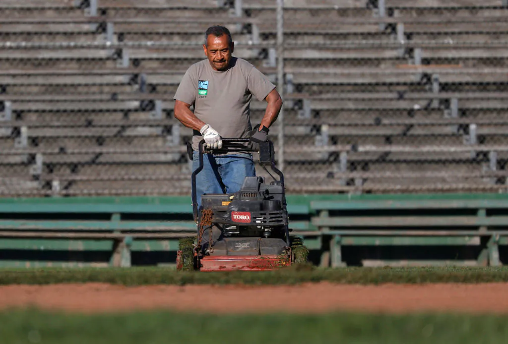 A San Francisco Recreation and Parks worker uses a gas-powered mower to cut the grass at Golden Gate Park in San Francisco on Oct. 14, 2021. (Justin Sullivan/Getty Images)