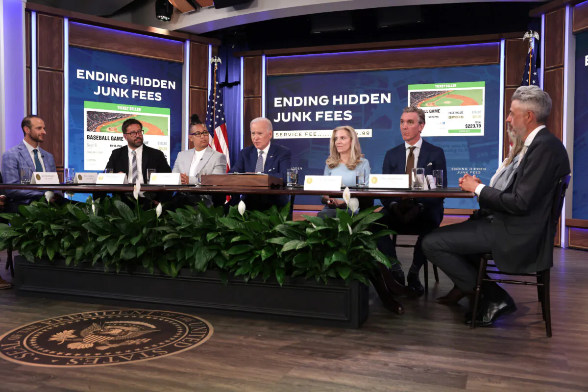President Joe Biden delivers remarks on protecting consumers from hidden junk fees as (L-R) Co-CEO of TickPick Brett Goldberg, CEO of DICE Phil Hutcheon, CEO of xBk Tobi Parks, Director of the National Economic Council Lael Brainard, CFO of Airbnb Dave Stephenson, and President of Live Nation Venues Tom See listen during an event at Eisenhower Executive Office Building in Washington on June 15, 2023. (Alex Wong/Getty Images)