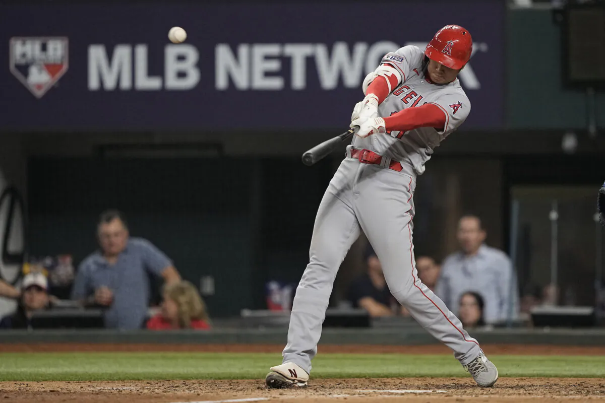 Shohei Ohtani (17) of the Los Angeles Angels hits a two-run home run during the eighth inning against the Texas Rangers at Globe Life Field in Arlington, Texas, on June 15, 2023. (Sam Hodde/Getty Images)