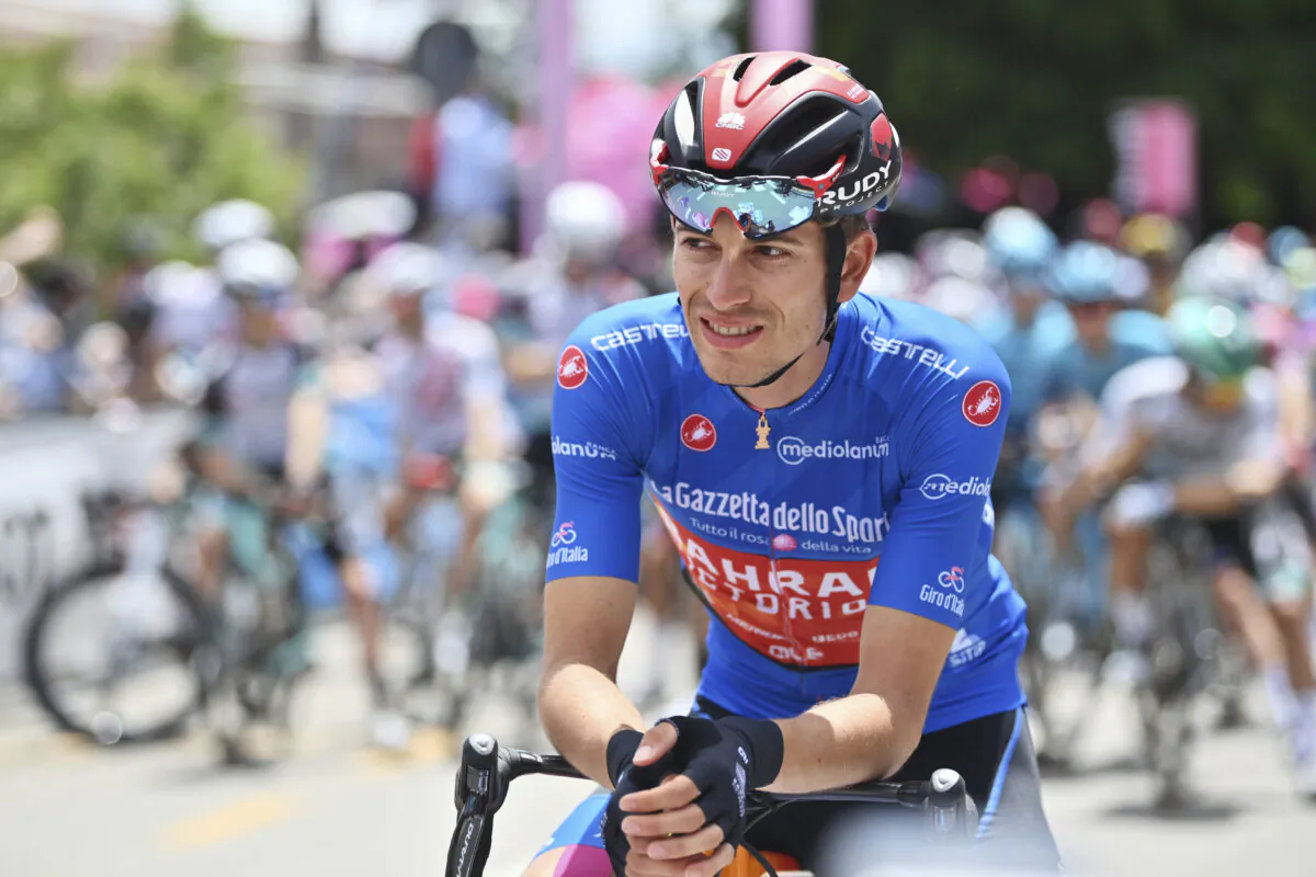 Gino Mader waits for the start of the 7th stage of the Tour of Italy cycling race in Notaresco on May 14, 2021. (Massimo Paolone/LaPresse via AP)