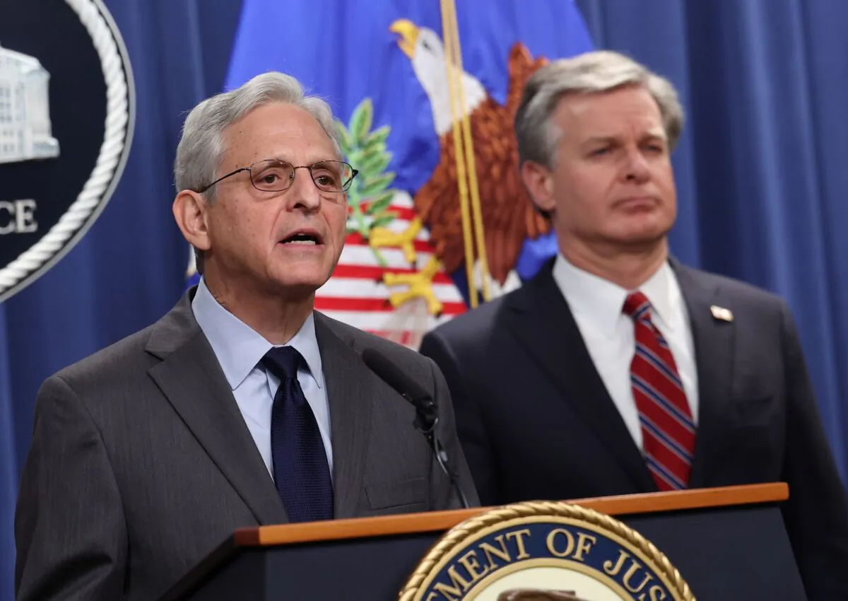 U.S. Attorney General Merrick Garland (L) and F.B.I. Director Christopher Wray hold a press conference at the U.S. Department of Justice in Washington on Oct. 24, 2022. (Kevin Dietsch/Getty Images)