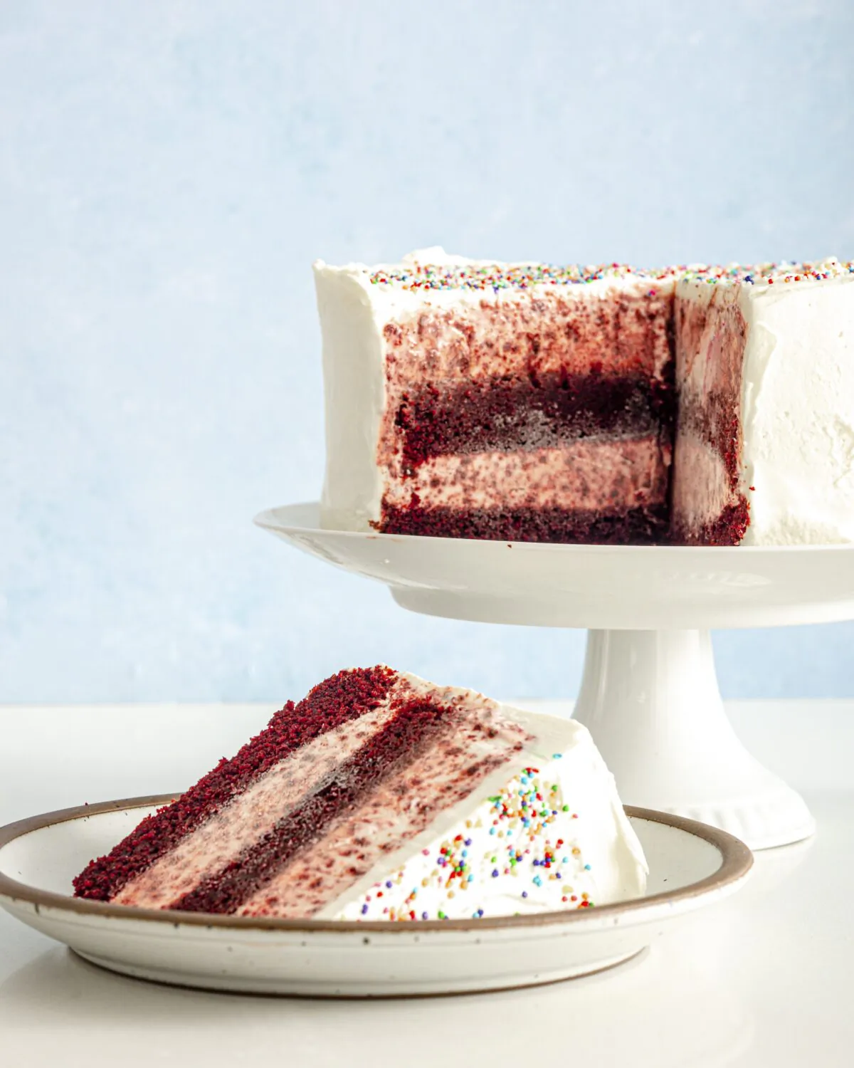 By frosting red velvet with big swoops of ice cream, the classic American layer cake suddenly transforms into the most refreshing ice cream cake. (Shilpa Uskokovic/TNS)