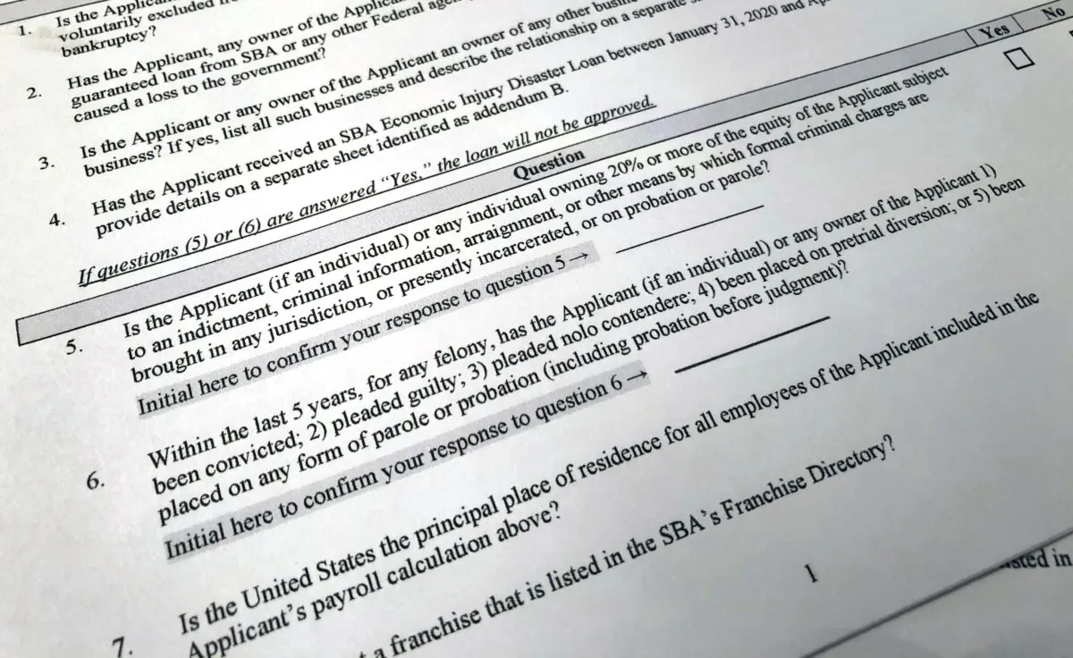 A portion of a Small Business Administration Paycheck Protection Program Borrower Application Form in Washington on April 21, 2020. (Wayne Partlow/AP Photo)
