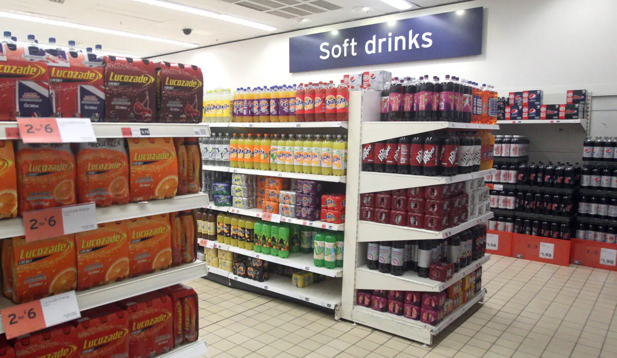 Soft drinks on supermarket shelving in London on Jan. 29, 2013. (Lewis Whyld/PA)