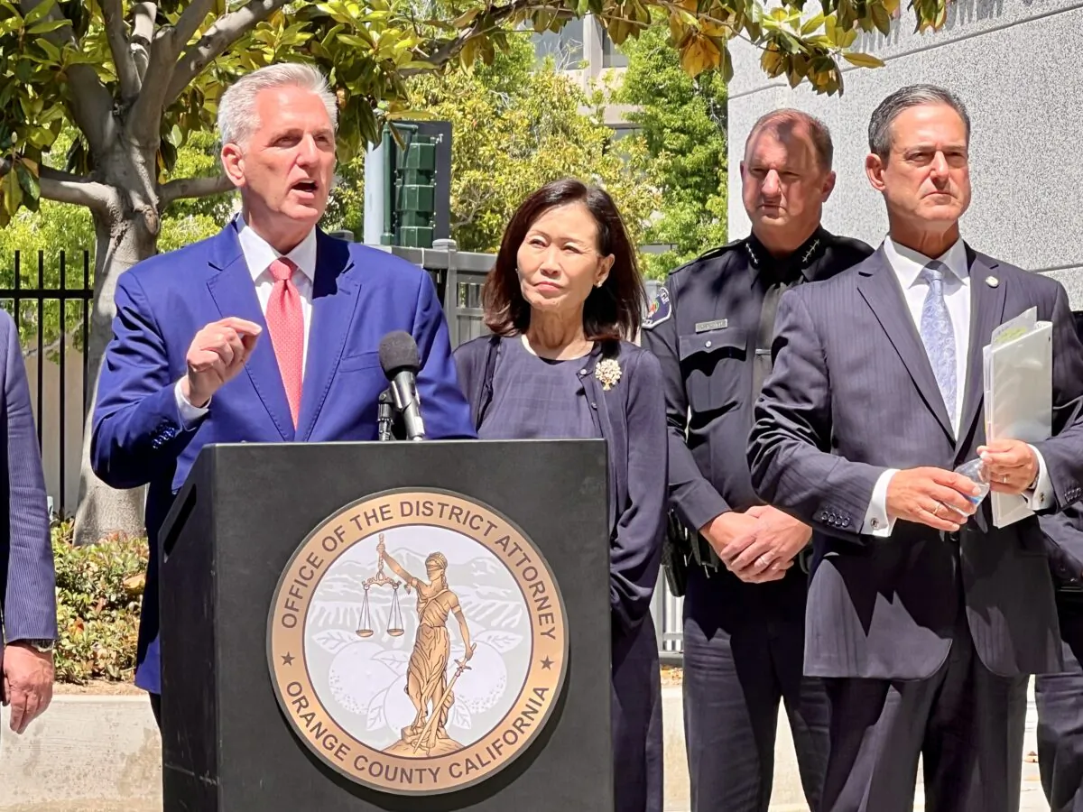 House Speaker Kevin McCarthy speaks at a press conference regarding a sharp rise in organized crime including home burglaries and robberies in the United States that are linked to Chilean nationals, in Santa Ana, Calif., on June 16, 2023. (Brad Jones/The Epoch Times)