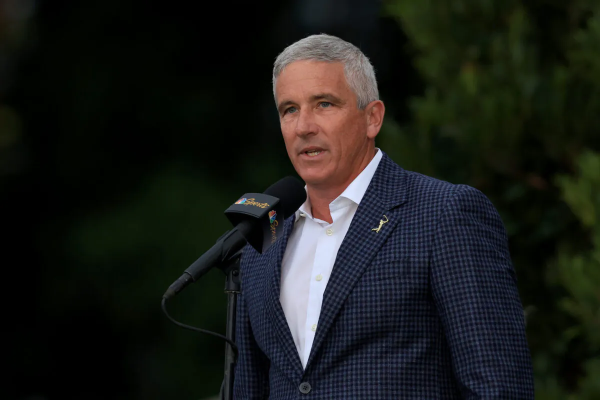 Jay Monahan, PGA TOUR Commissioner, speaks during the trophy ceremony during the final round of THE PLAYERS Championship on THE PLAYERS Stadium Course at TPC Sawgrass in Ponte Vedra Beach, Fla., on March 12, 2023. (Sam Greenwood/Getty Images)