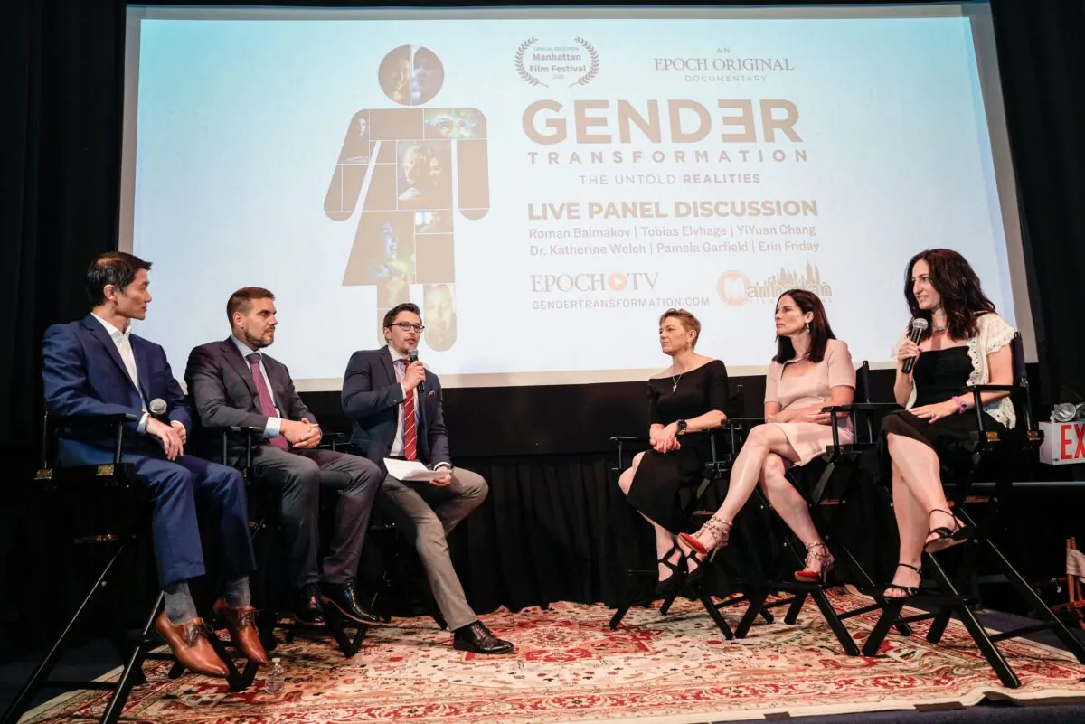 Panelists speak at the Epoch Times documentary "Gender Transformation" screening in New York on June 15, 2023. (Samira Bouaou/The Epoch Times)