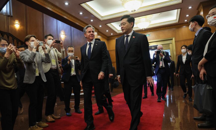 Blinken visits Beijing amidst criticism and low expectations for progress, meets Chinese Foreign Minister.