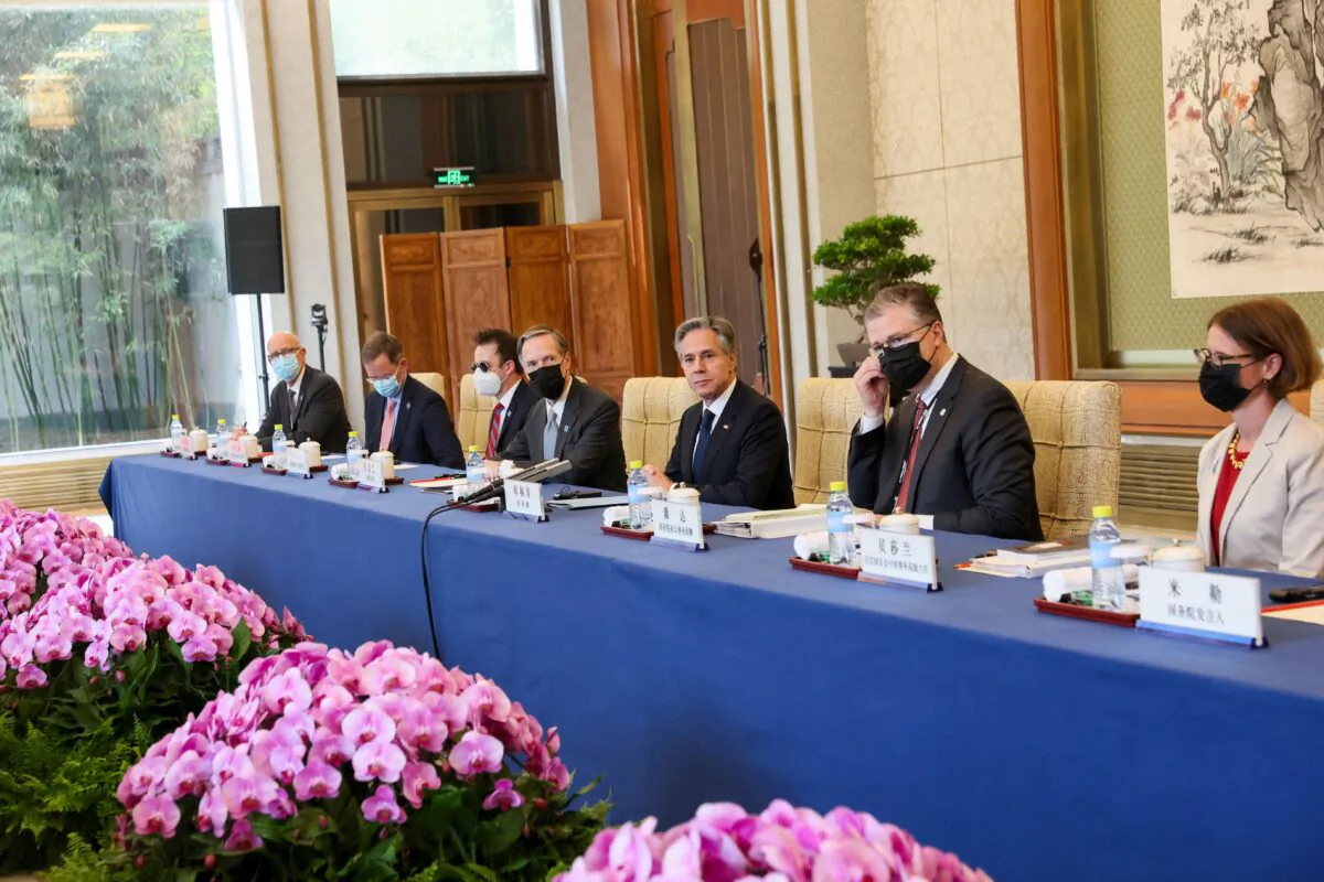 U.S. Secretary of State Antony Blinken (C) meets with China's Foreign Minister Qin Gang (not pictured) at the Diaoyutai State Guesthouse in Beijing on June 18, 2023. (Leah Millis/Pool/AFP via Getty Images)