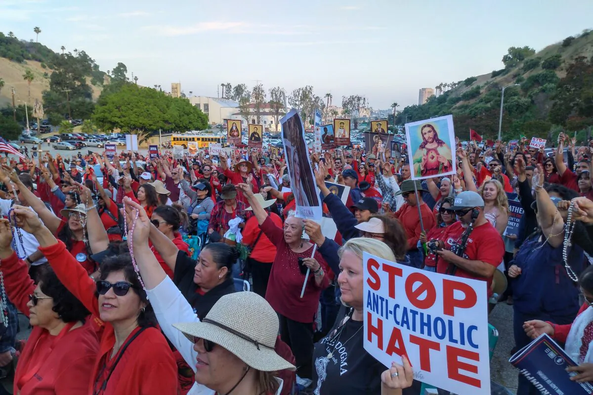 Thousands gather at the gates of Dodger Stadium to protest against Los Angeles Dodgers' decision to honor an anti-Catholic drag queen group at its annual LGBT celebration at the Dodger Stadium in Los Angeles on June 16, 2023. (Courtesy of Catholic Vote)