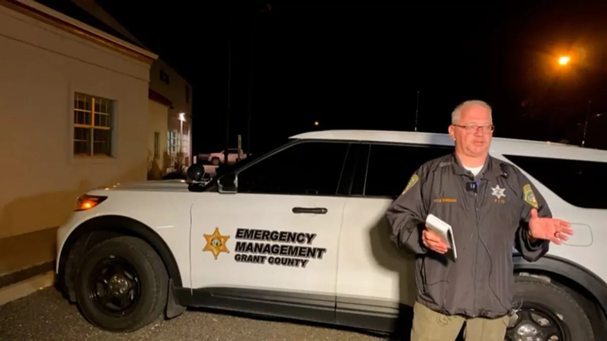 Grant County Sheriff's Office spokesman Kyle Foreman speaks during a news conference on June 18, 2023, about the shooting a day prior near Gorge Amphitheater, Wash. (Grant County Sheriff's Office)