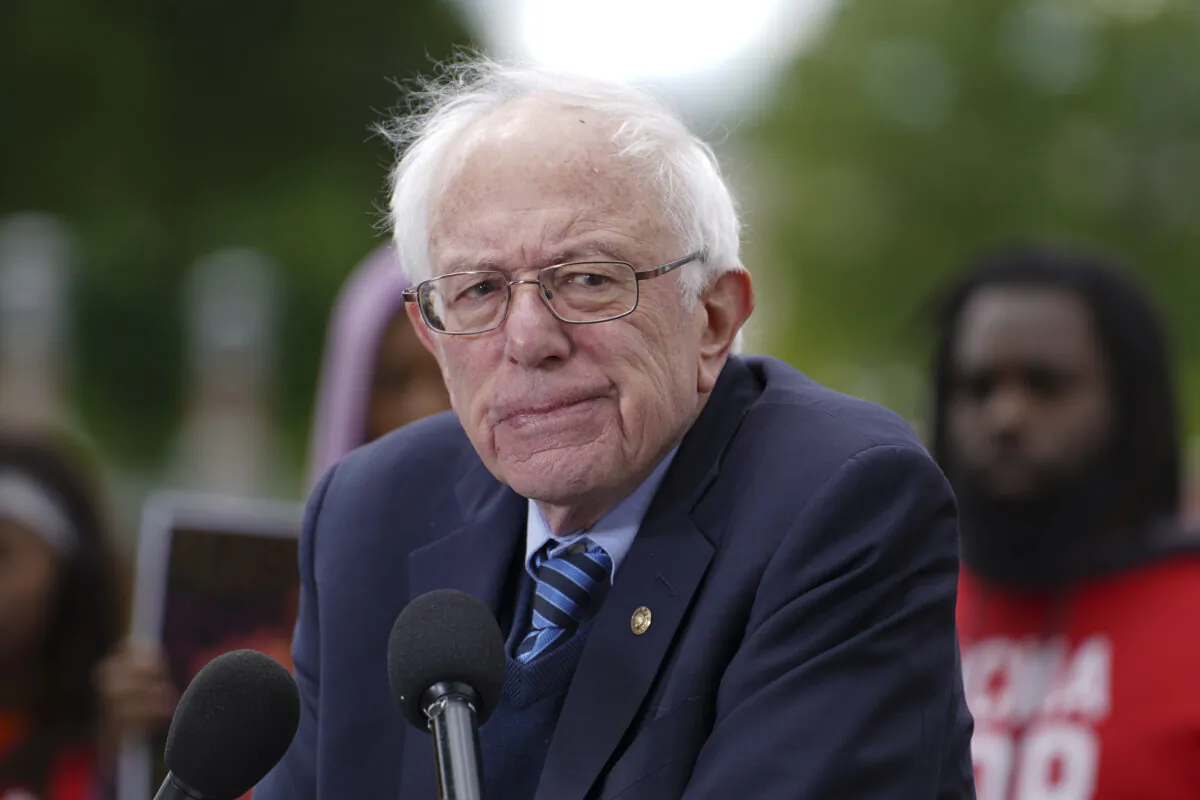 Sen. Bernie Sanders (I-Vt.) speaks during an event calling for raising the minimum wage outside the U.S. Capitol building on May 4, 2023. (Madalina Vasiliu/The Epoch Times)