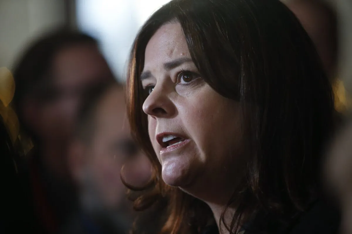 Manitoba Premier Heather Stefanson speaks to media at the convention centre in Winnipeg on Dec. 8, 2022. (The Canadian Press/John Woods)