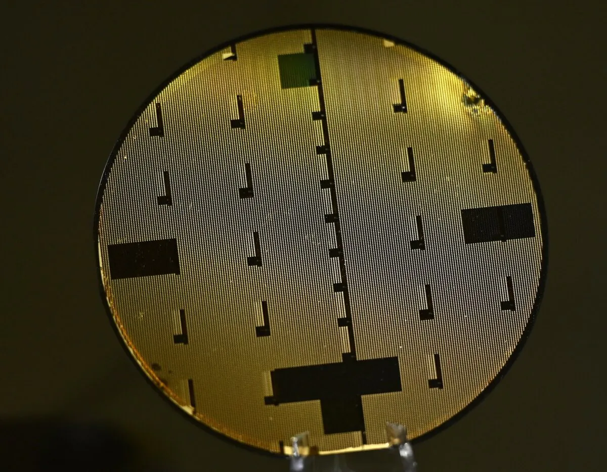 A Ranovus 3" wafer is seen in a display case at the Kanata-based producer of semiconductors, in Ottawa, on March 27, 2023. (The Canadian Press/Justin Tang)