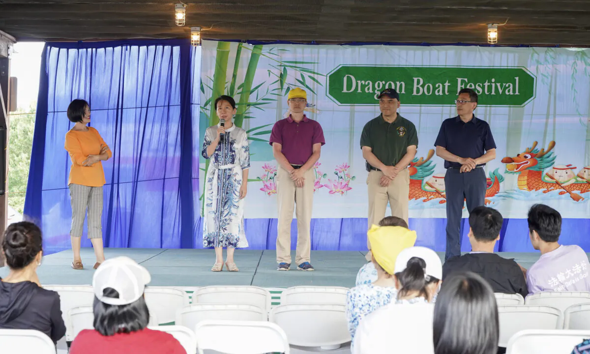 (Left to right) Mela Wu, Li Li, Chris Cheng, Sean Lin, and Jim Zhang announce a new Asian American Advisory Committee at the Dragon Boat Festival in the Town of Mount Hope, N.Y., on June 18, 2023. (Cara Ding/The Epoch Times)