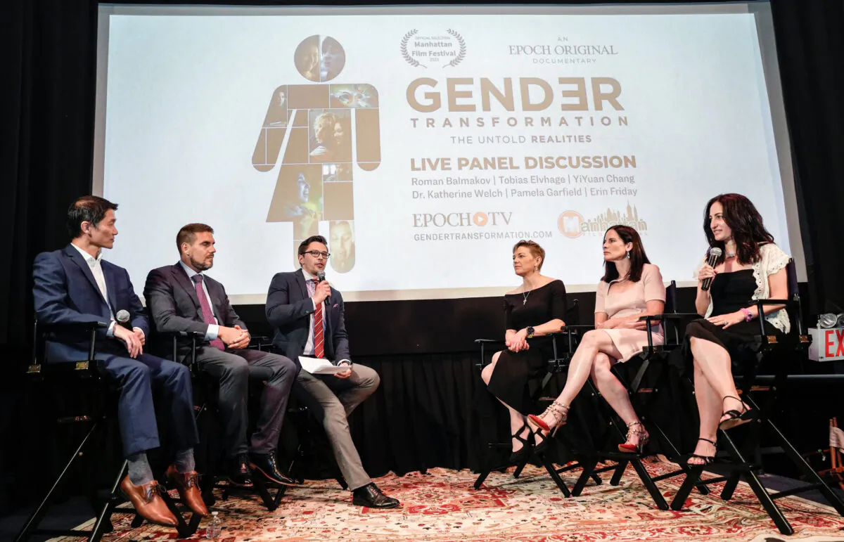 Panelists speak at the Epoch Times documentary "Gender Transformation" screening in New York on June 16, 2023. (Samira Bouaou/The Epoch Times)