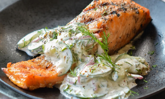 Grilled Salmon with Creamy Cucumber-Dill Salad