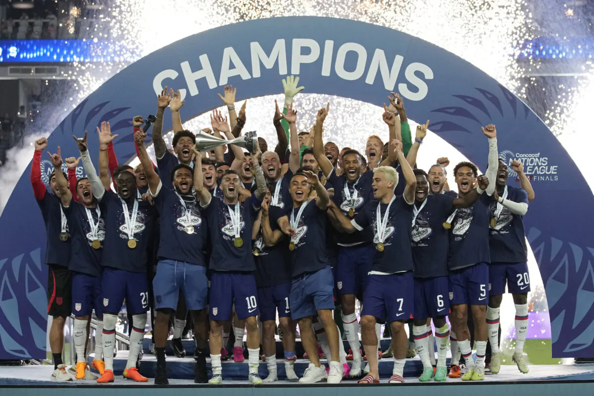 U.S. players celebrate after defeating Canada in a CONCACAF Nations League final match in Las Vegas on June 18, 2023. (John Locher/AP Photo)