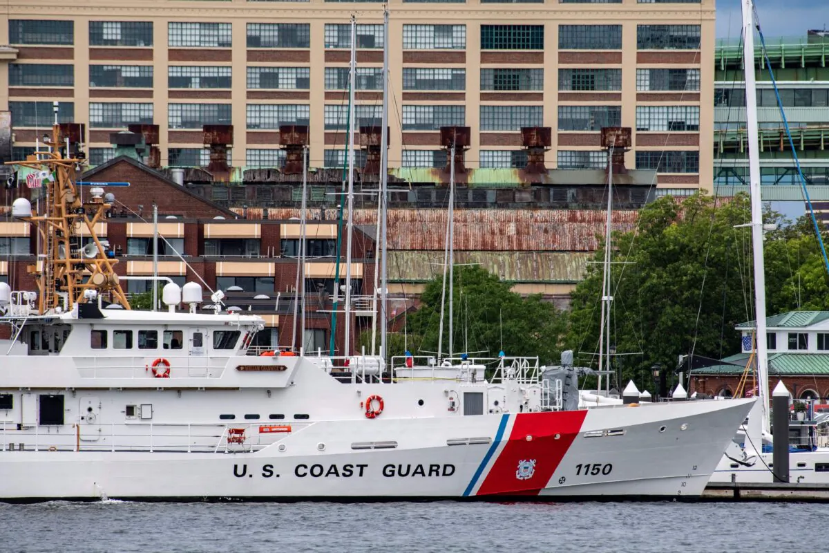 A U.S. Coast Guard vessel sits in port in Boston Harbor on June 19, 2023. (Joseph Prezioso/AFP via Getty Images)