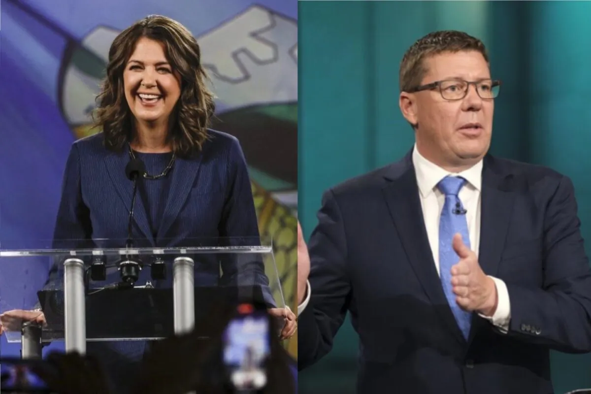 (Left) United Conservative Party Leader Danielle Smith makes her victory speech in Calgary, Alta., on May 29, 2023. (The Canadian Press/Jeff McIntosh); (Right) Saskatchewan Party Leader Scott Moe speaks during the leaders' debate at the Provincial Archives in Regina on Oct. 14, 2020. (The Canadian Press/Michael Bell)