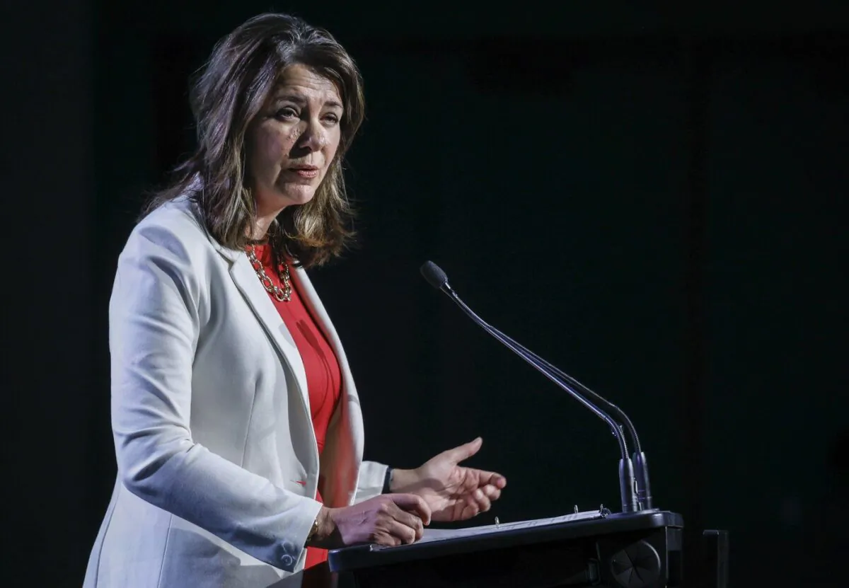 Alberta Premier Danielle Smith speaks to delegates at the Global Energy Show in Calgary on June 13, 2023. (Jeff McIntosh/The Canadian Press)
