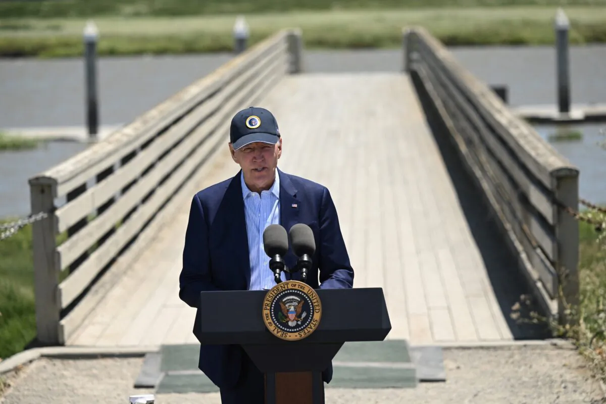 U.S. President Joe Biden delivers remarks on his administration's environmental efforts at the Lucy Evans Baylands Nature Interpretive Center and Preserve in Palo Alto, Calif., on June 19, 2023. (Andrew Caballero-Reynolds/AFP via Getty Images)