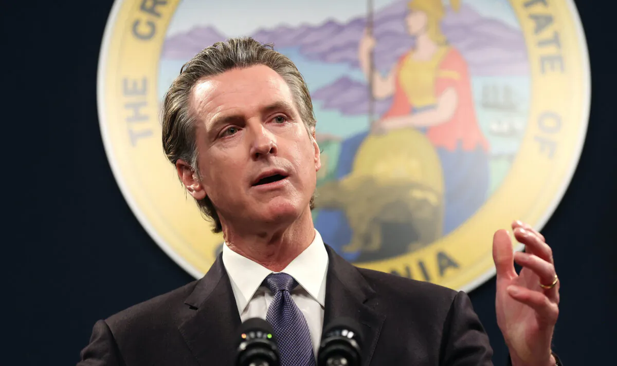 California Gov. Gavin Newsom speaks during a press conference in Sacramento on Feb. 1, 2023. (Justin Sullivan/Getty Images)