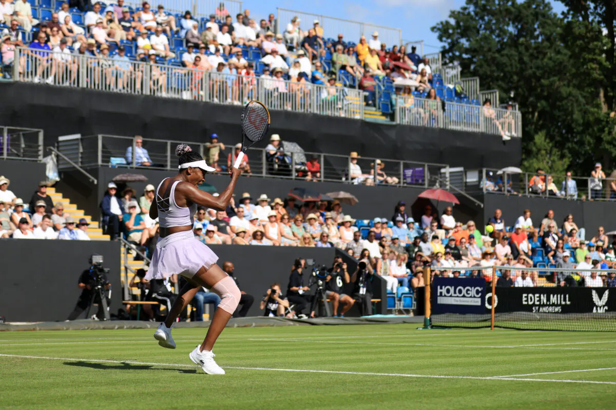 Venus Williams of United States plays a forehand against Camila Giorgi of Italy in the Women's First Round match during Day Three of the Rothesay Classic Birmingham at Edgbaston Priory Club in Birmingham, England, on June 19, 2023, on June 19, 2023. (Stephen Pond/Getty Images for LTA)