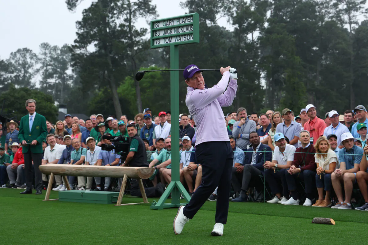 Tom Watson of the United States plays his shot during the first tee ceremony prior to the first round of the 2023 Masters Tournament at Augusta National Golf Club in Augusta, Georgia, on April 06, 2023. (Andrew Redington/Getty Images)