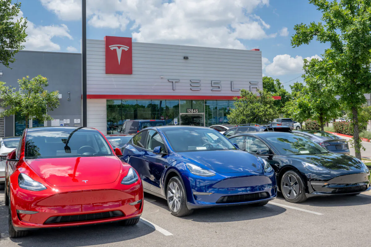 Tesla Model Y vehicles sit on the lot for sale at a Tesla car dealership in Austin, Texas, on May 31, 2023. (Brandon Bell/Getty Images)