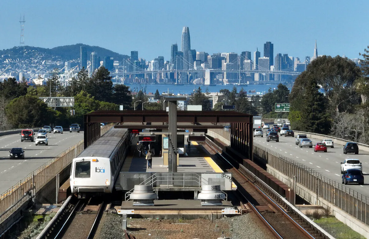A Bay Area Rapid Transit (BART) train leaves the Rockridge station in Oakland, Calif., on March 15, 2023. (Justin Sullivan/Getty Images)