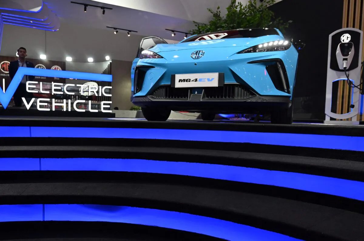 MG electric car is displayed at Indonesia International Motor Show exhibition in Jakarta, Indonesia, on Feb. 16, 2023. (Adek Berry/AFP via Getty Images)