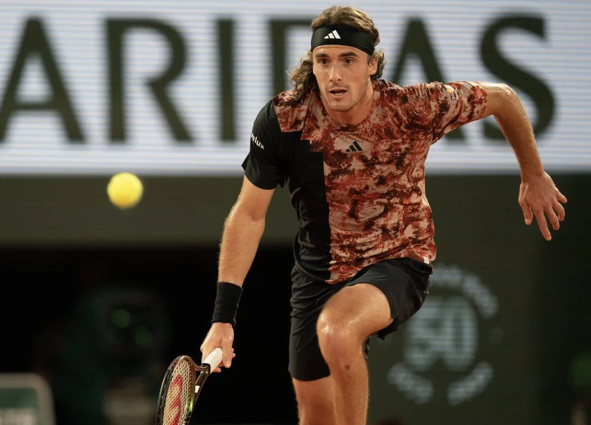 Stefanos Tsitsipas (GRE) runs for the ball during a match against Carlos Alcaraz (ESP) on day 10 at Stade Roland-Garros in Paris on Jun 6 2023. (Susan Mullane/ TODAY Sports via Field Level Media)