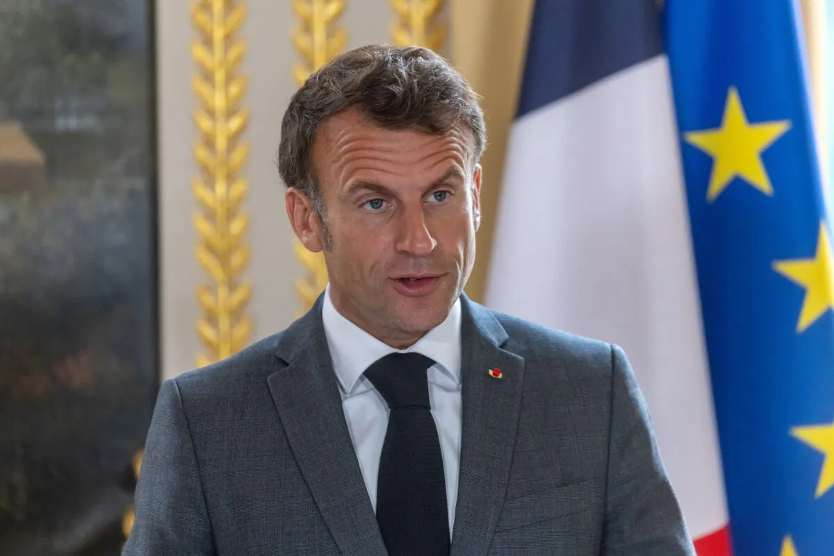 French President Emmanuel Macron speaks during a press conference as part of a working lunch meeting at the Elysee Palace in Paris on June 20, 2023. (Christophe Petit Tesson/AFP via Getty Images)