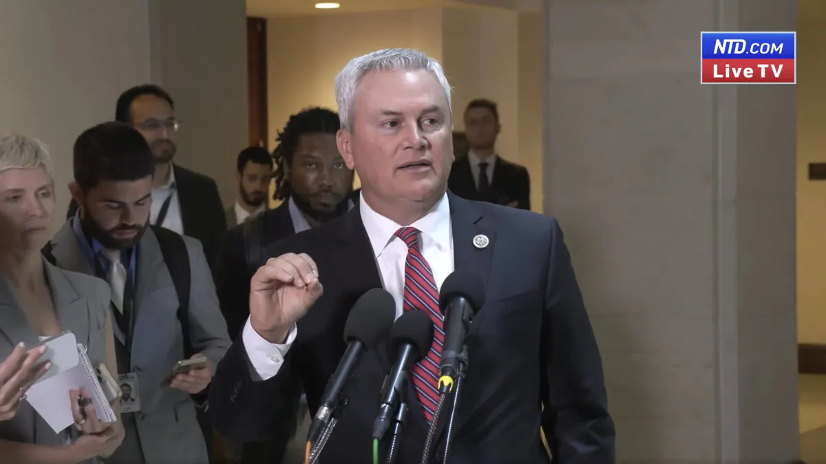 House Oversight and Accountability Committee Chairman James Comer (R-Ky.) speaks to reporters at the U.S. Capitol Building in Washington on June 20, 2023, in a still from video released by NTD. (NTD)