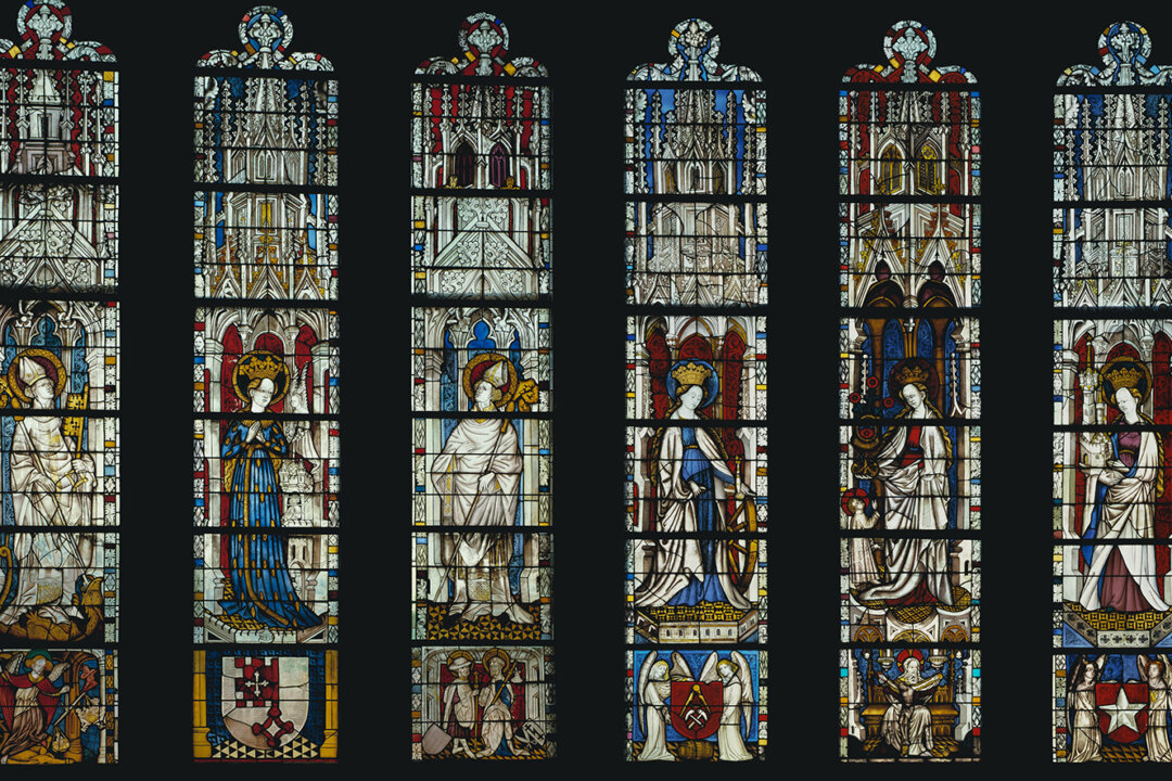 "The Virgin Mary and Five Standing Saints above Predella Panels," 1440–1446, by unknown  German artist.  Pot-metal glass, white glass, vitreous paint, silver stain;  each window 12 feet, 4 1/2 inches by 2 feet, 4 1/4 inches. The Cloisters Collection, Metropolitan Museum of Art, New York City. (Public Domain)