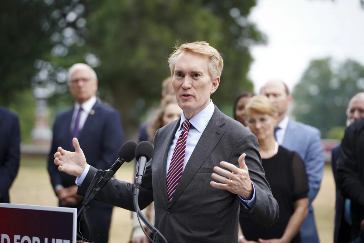 Sen. James Lankford (R-Okla.) speaks during a rally for the anniversary of Dobbs at the Senate Swamp in Washington on June 20, 2023. (Madalina Vasiliu/The Epoch Times)