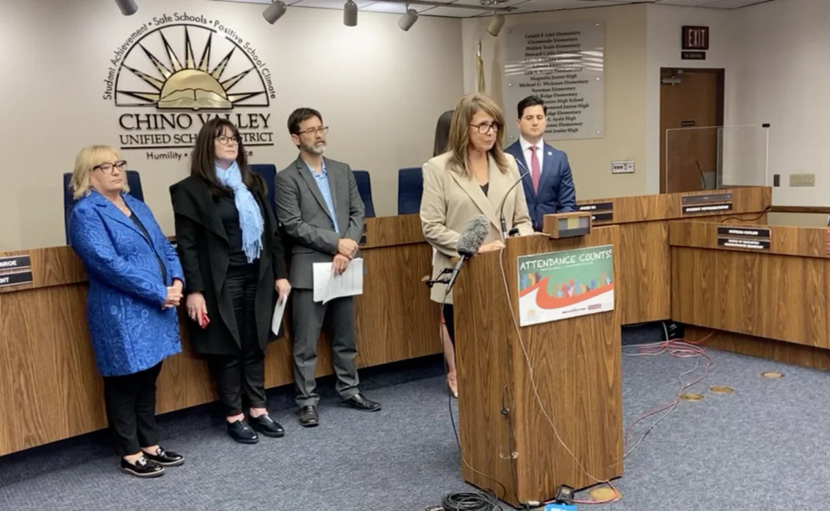 Chino Valley Unified School Board officials hold a press conference in support of a parental rights policy proposal in Chino, Calif., on June 15, 2023. (Screenshot via Facebook/California Family Council)