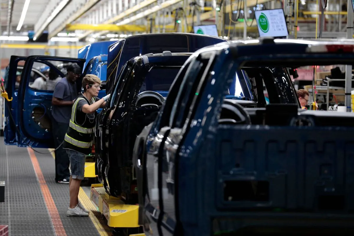 Ford Motor Company's electric F-150 Lightning on the production line at their Rouge Electric Vehicle Center in Dearborn, Michigan on Sept. 8, 2022. (Jeff Kowalsky/AFP via Getty Images)