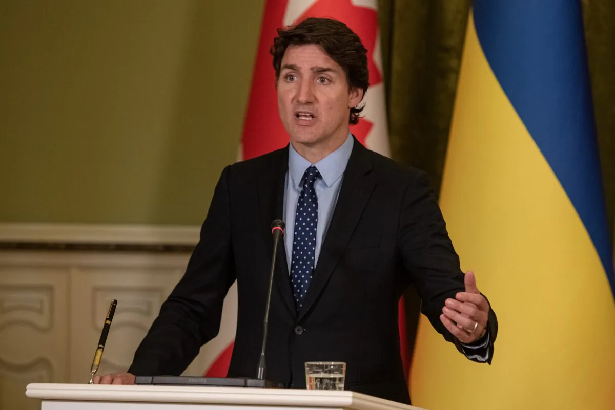 The prime minister of Canada Justin Trudeau speaks during a joint press conference with Ukrainian president Volodymyr Zelenskyy in Kyiv, Ukraine, on June 10, 2023. (Alexey Furman/Getty Images)