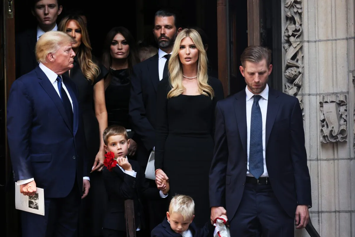 Former U.S. President Donald Trump and his kids Ivanka Trump, Eric Trump, and Donald Trump Jr., and their children follow the casket of Ivana Trump out of St. Vincent Ferrer Roman Catholic Church during her funeral in New York City on on July 20, 2022. (Michael M. Santiago/Getty Images)